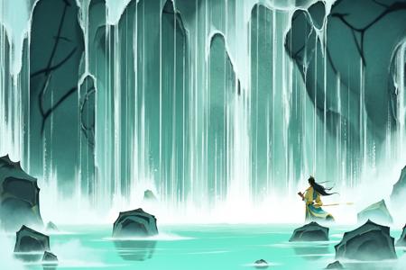 09734-1496271355-Illustration, hand drawn texture, traditional Chinese painting, waterfall, water, solo, rock, scenery, long hair, standing, outd.png